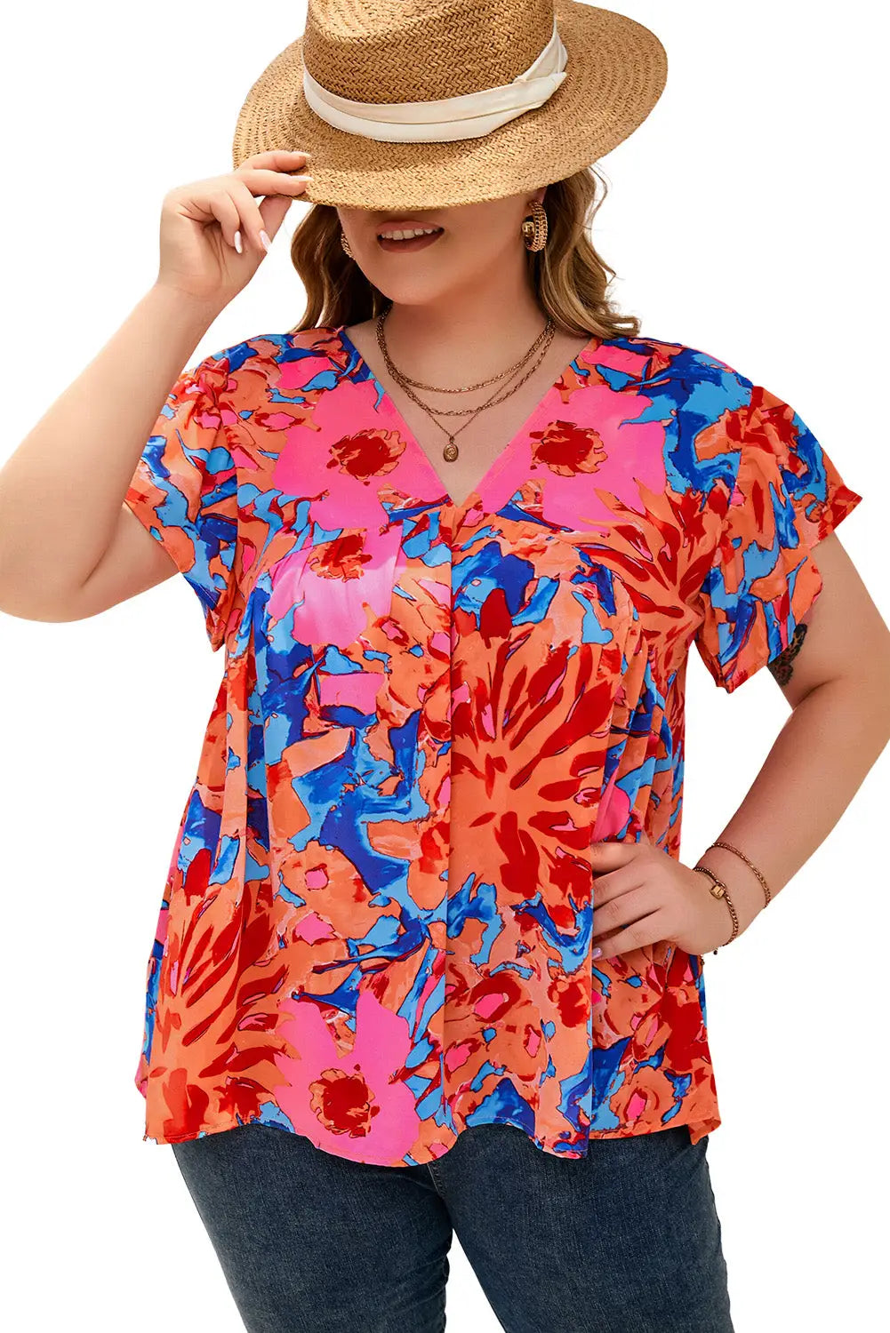 Red abstract floral print v neck plus blouse - size