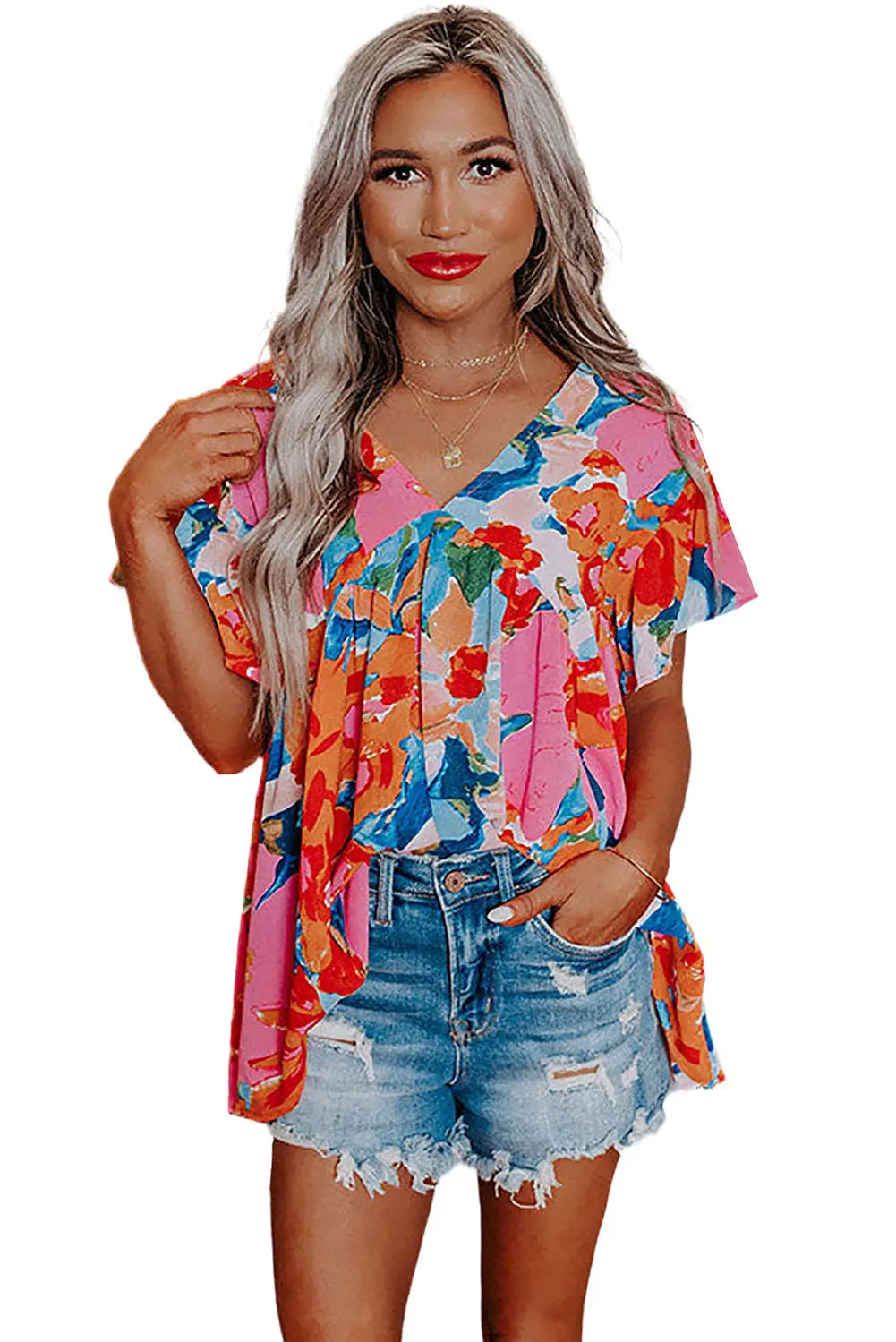 Red abstract floral print v neck plus blouse - size