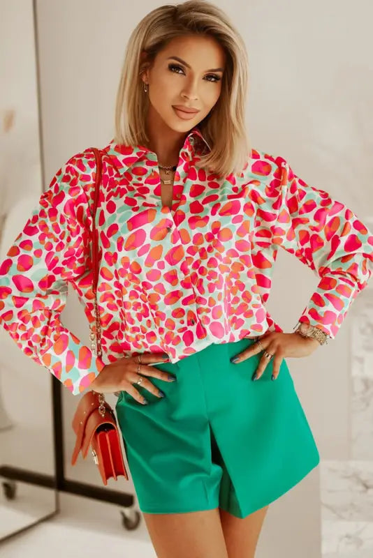 Red abstract print long sleeve buttoned shirt - blouses & shirts