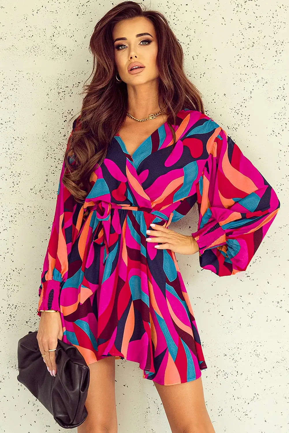 Red abstract printed belted puff sleeve mini dress - s 100% polyester dresses