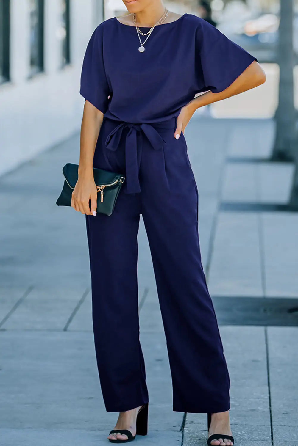 Red belted wide leg jumpsuit - blue / xs / 95% polyester + 5% elastane - bottoms