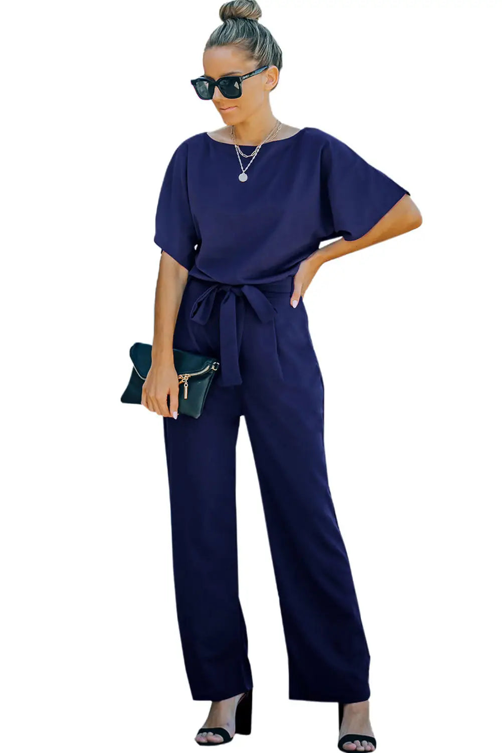 Red belted wide leg jumpsuit - bottoms