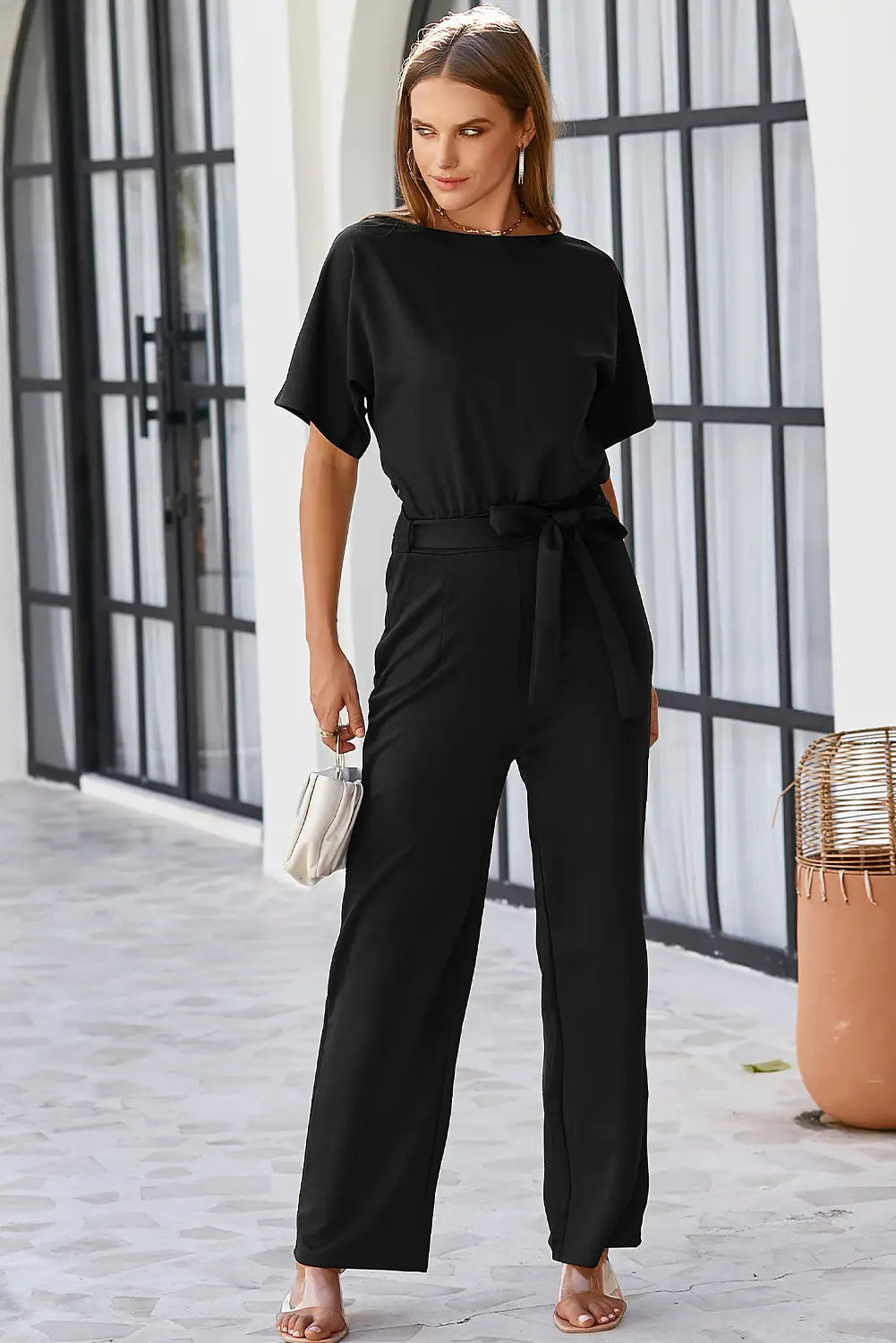 Red belted wide leg jumpsuit - bottoms