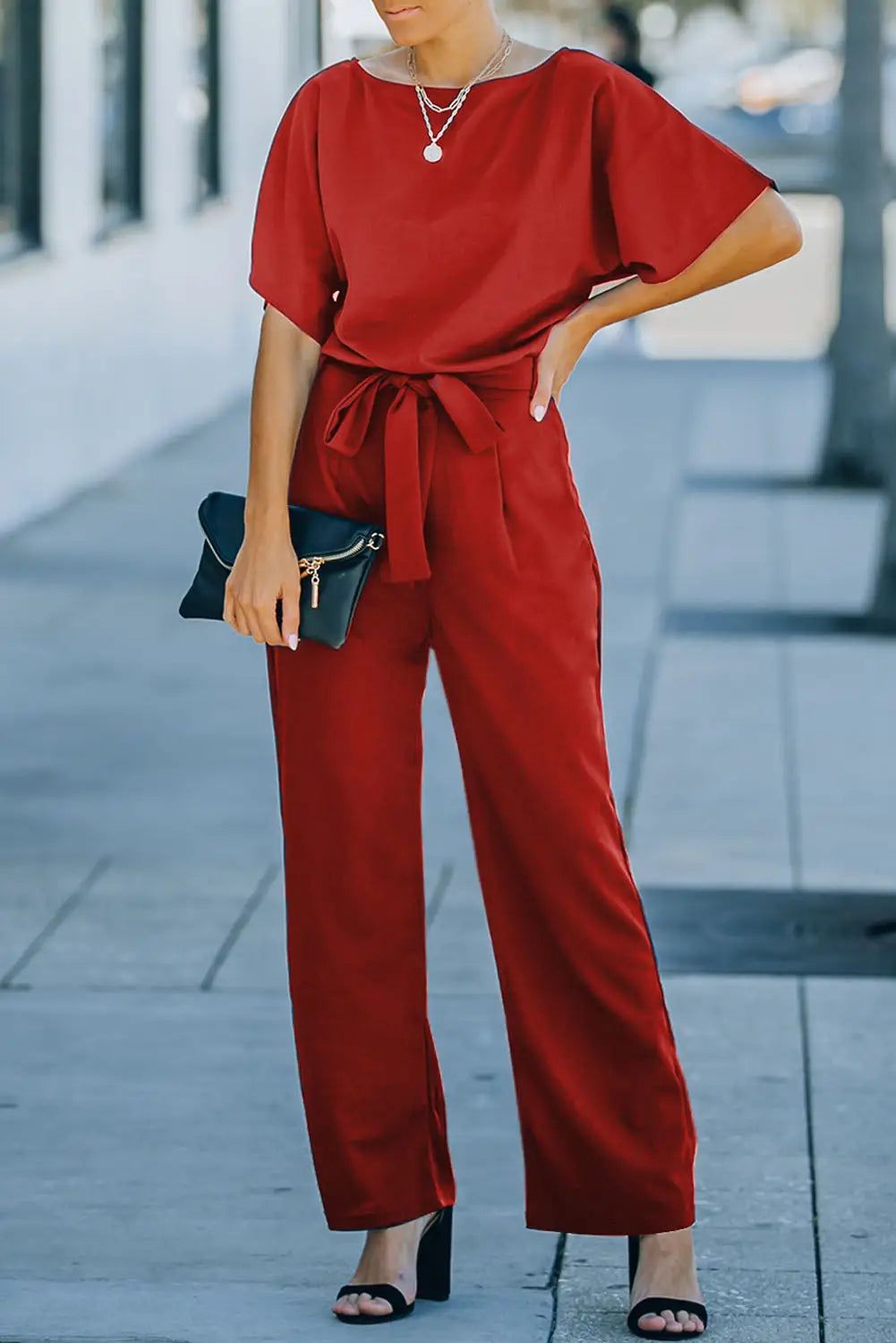 Red belted wide leg jumpsuit - xs / 95% polyester + 5% elastane - bottoms