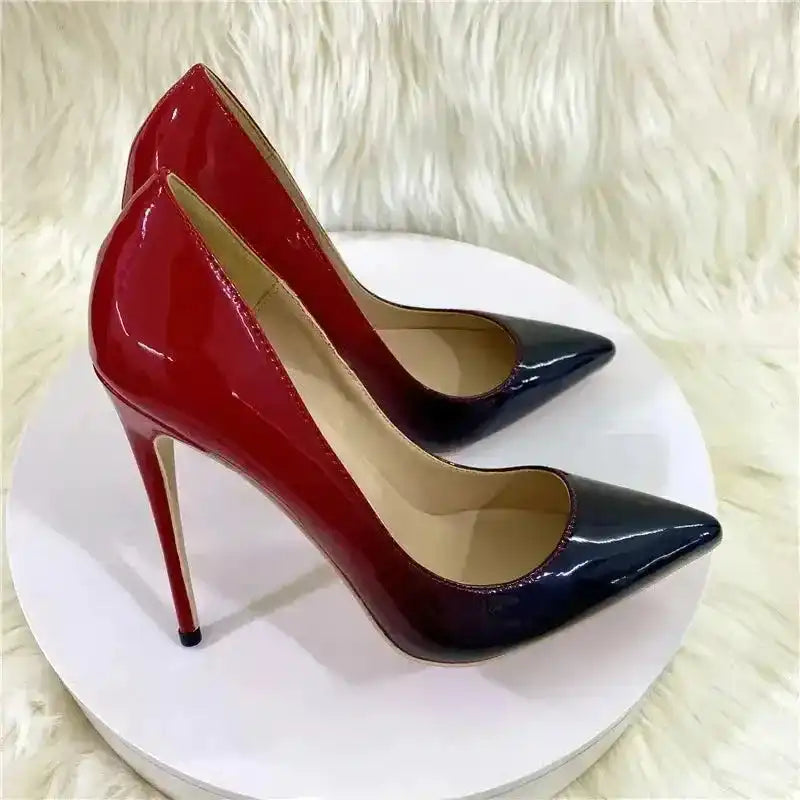 Red-Black Gradient High Heels Stilettos with pointed toe and glossy PU leather, angled for side profile. Elegant pumps for adult women.