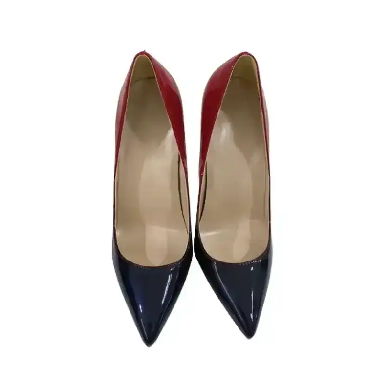 Top-down view of Red-Black Gradient High Heels Stilettos showing symmetrical design and pointed toes. FashionFitz pumps for chic fashion lovers.