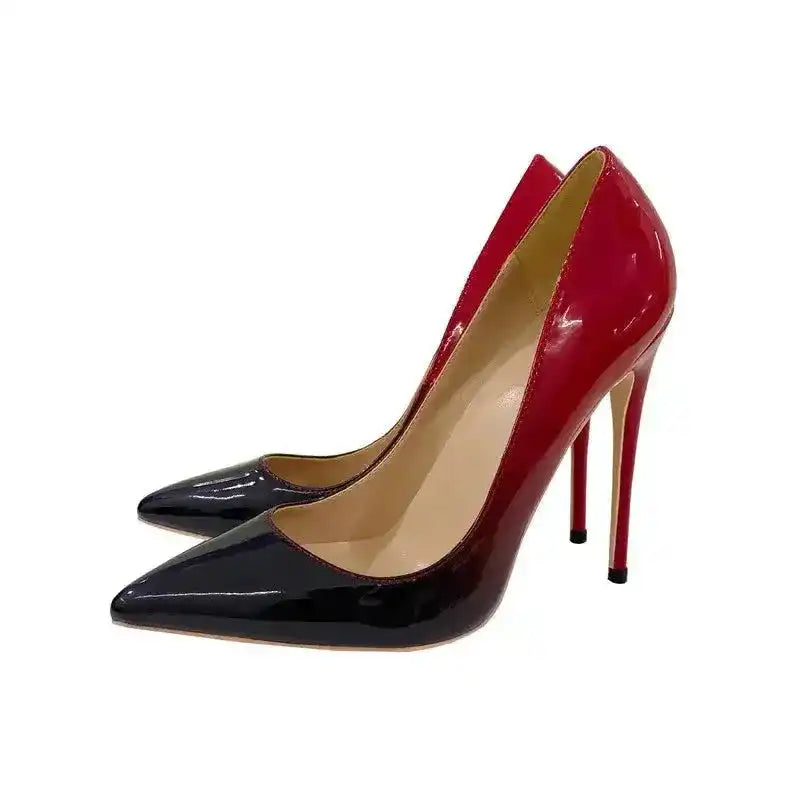 FashionFitz Red-Black Gradient High Heels Stilettos with sharp pointed toe and high heel design. Stylish pumps for modern women’s wardrobe.