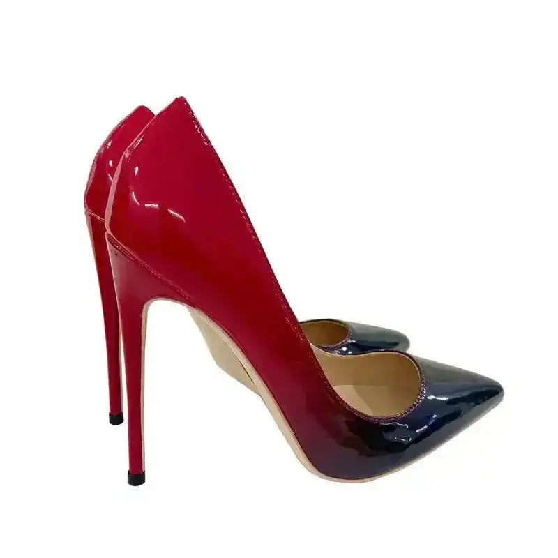 Red-Black Gradient High Heels Stilettos with pointed toe and glossy PU leather finish from FashionFitz. Elegant pumps for formal or party wear.