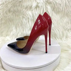 Side angle of Red-Black Gradient High Heels Stilettos on display stand with faux fur background. Glossy finish perfect for upscale occasions.