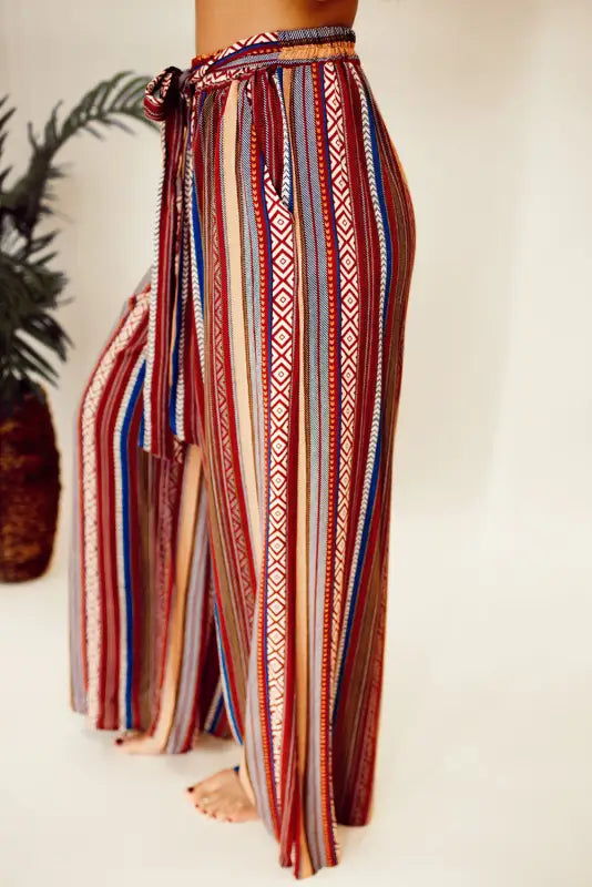 Red boho ethnic striped print tie waist wide leg pants