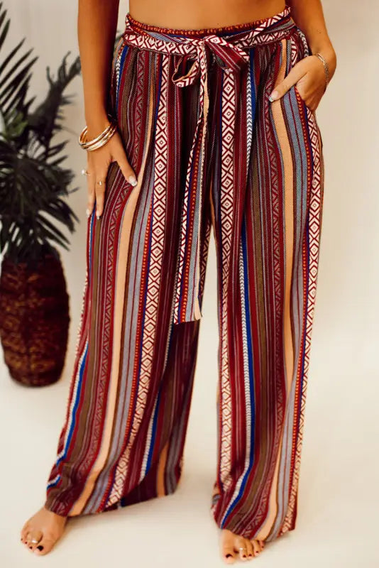 Red boho ethnic striped print tie waist wide leg pants