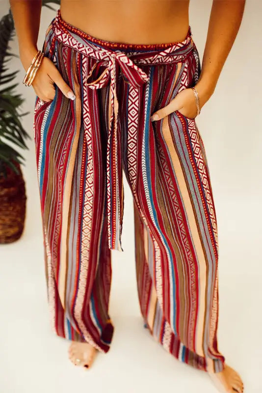 Red boho ethnic striped print tie waist wide leg pants