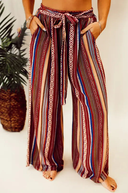 Red boho ethnic striped print tie waist wide leg pants