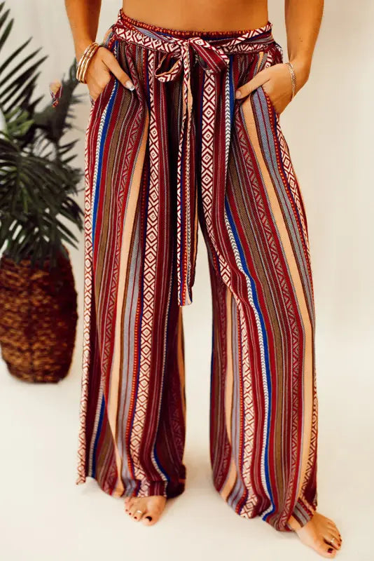 Red boho ethnic striped print tie waist wide leg pants - l / 100% polyester