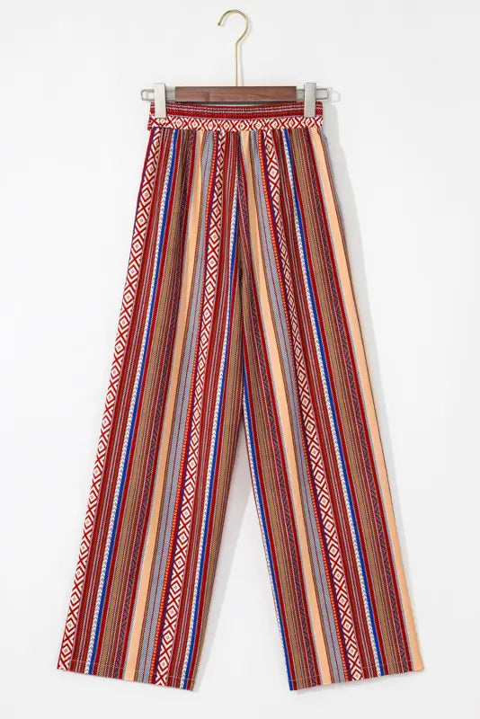 Red boho ethnic striped print tie waist wide leg pants