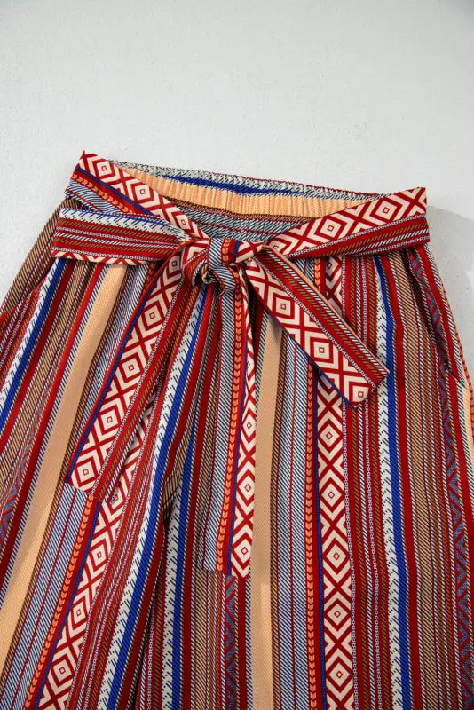 Red boho ethnic striped print tie waist wide leg pants