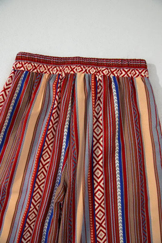 Red boho ethnic striped print tie waist wide leg pants