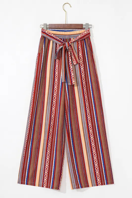 Red boho ethnic striped print tie waist wide leg pants