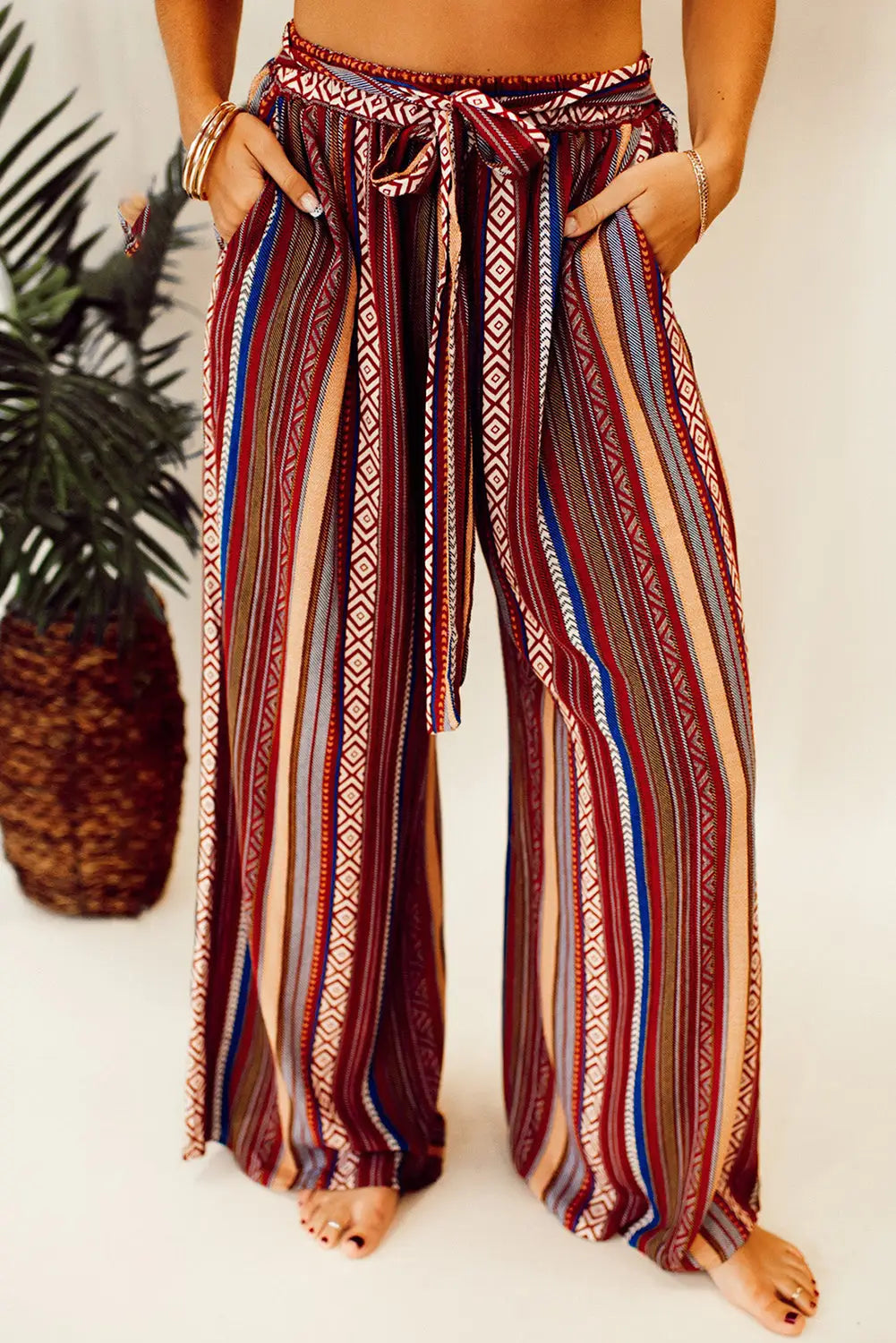 Red boho ethnic striped print tie waist wide leg pants - l / 100% polyester