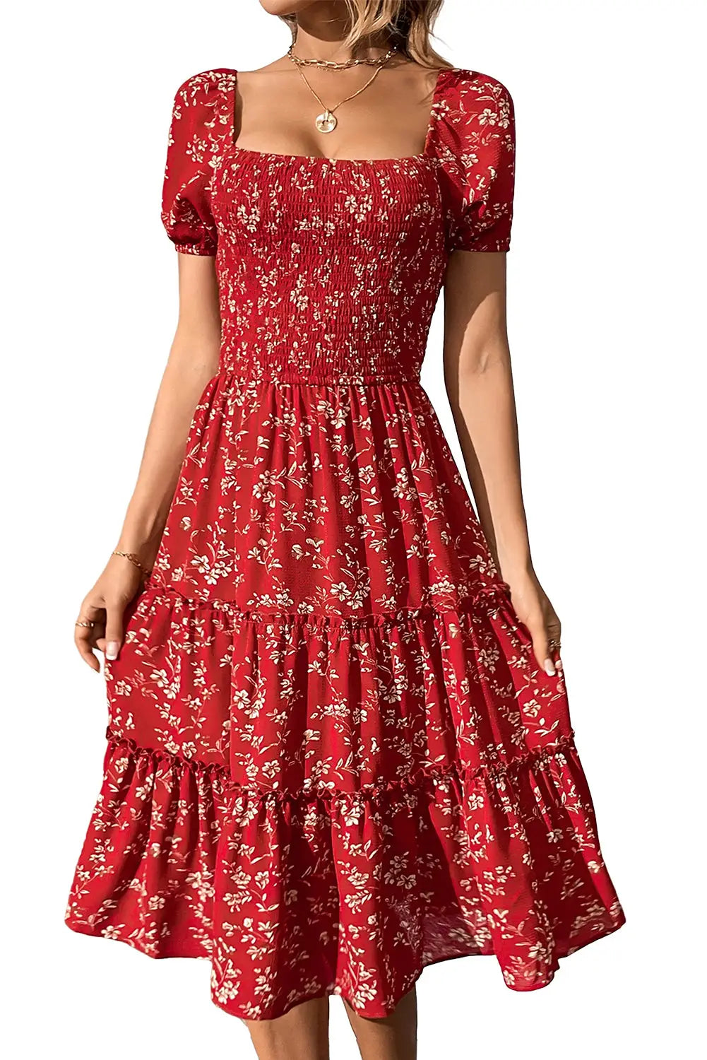 Red boho flower smocked square neck tiered midi floral dress - dresses