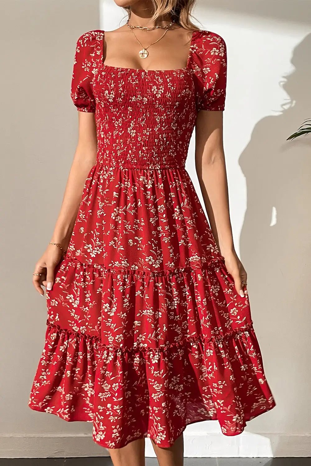 Red boho flower smocked square neck tiered midi floral dress - s / 97% polyester + 3% elastane - dresses