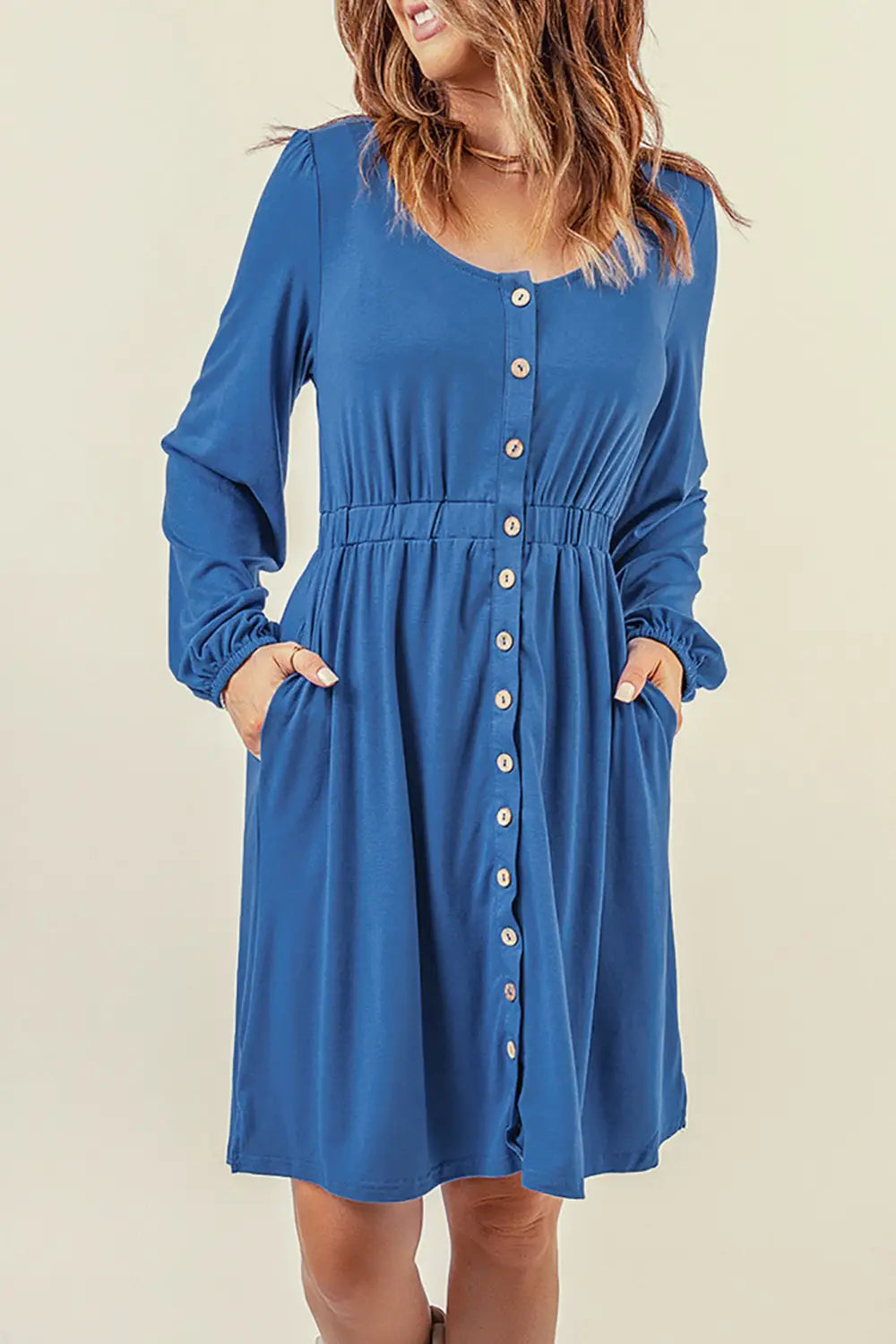 Red button up high waist long sleeve dress - blue / s / 95% polyester + 5% elastane - midi dresses