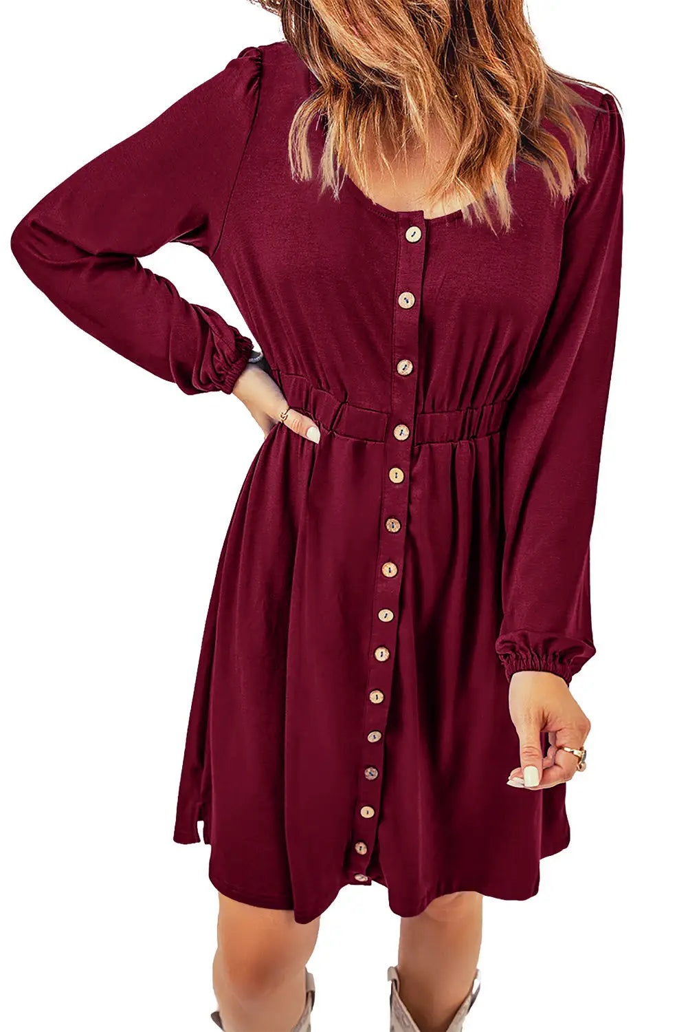 Red button up high waist long sleeve dress - midi dresses