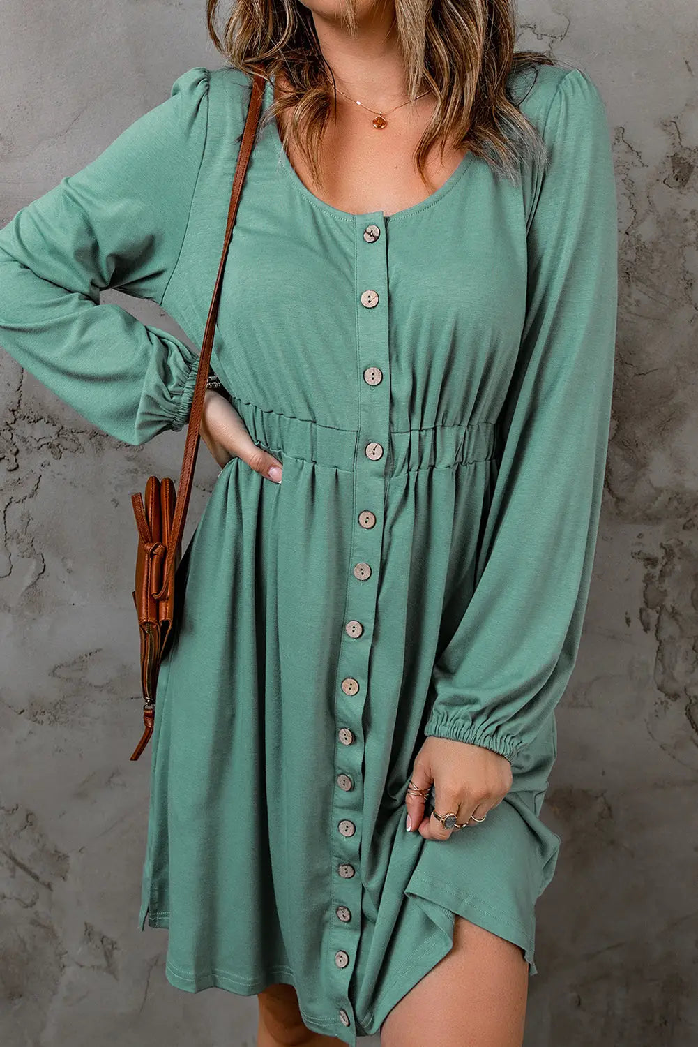 Red button up high waist long sleeve dress - green / s / 95% polyester + 5% elastane - midi dresses