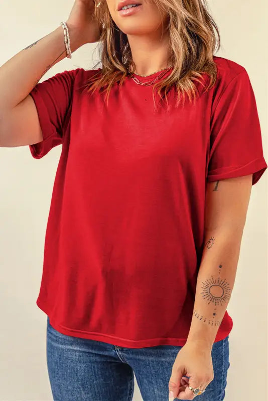 Red casual plain crew neck tee - tops