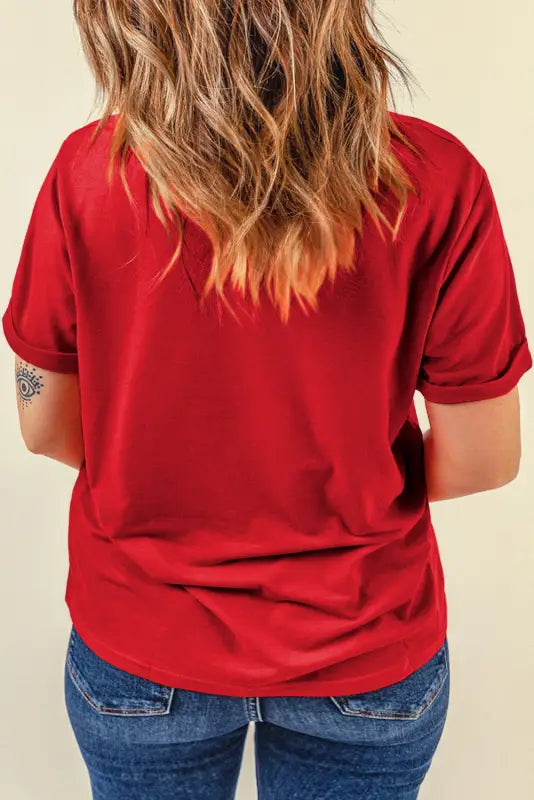 Red casual plain crew neck tee - tops