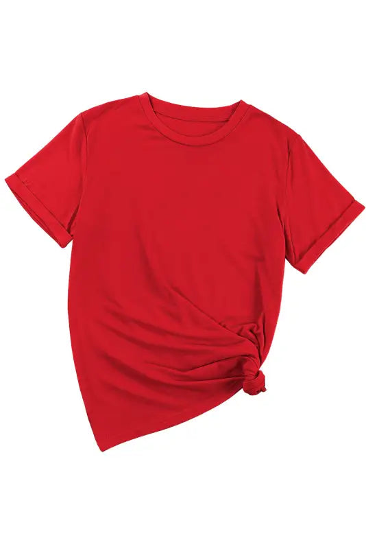 Red casual plain crew neck tee - tops