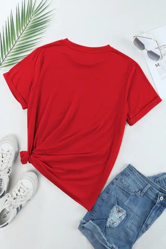 Red casual plain crew neck tee - tops