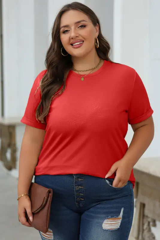 Red casual plain crew neck tee - tops