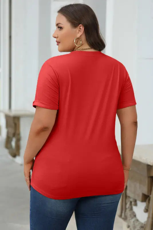 Red casual plain crew neck tee - tops