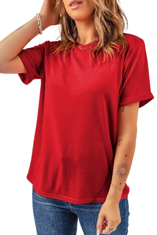 Red casual plain crew neck tee - tops