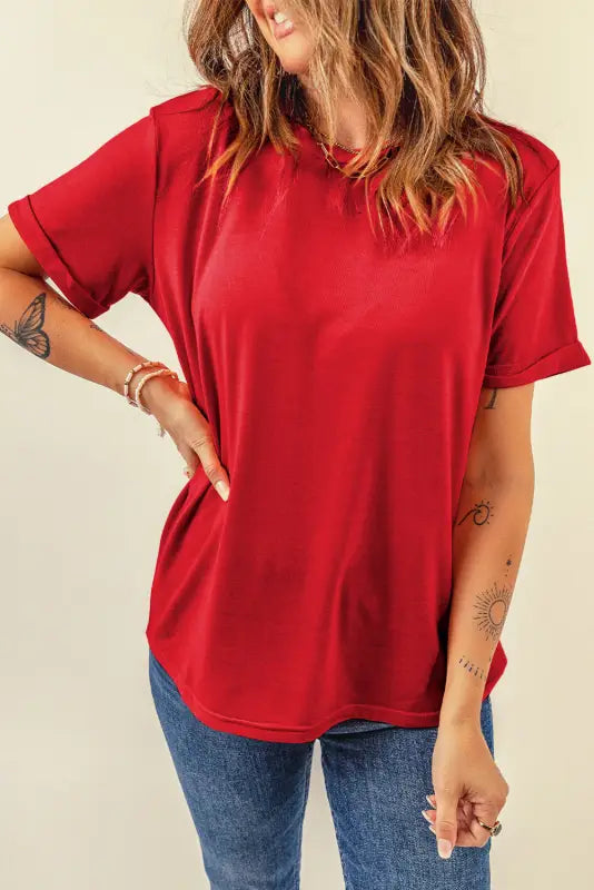 Red casual plain crew neck tee - tops