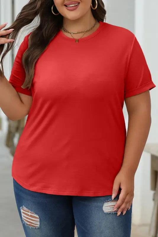 Red casual plain crew neck tee - tops