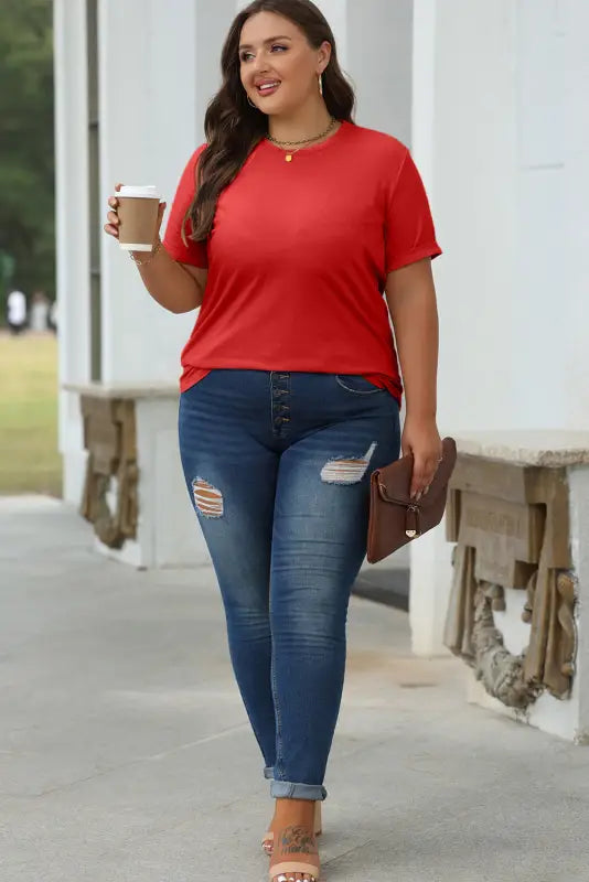 Red casual plain crew neck tee - tops