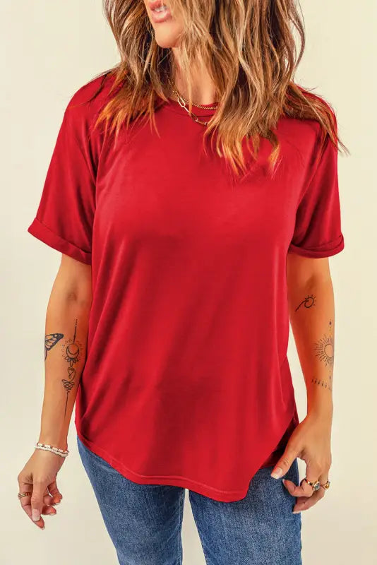 Red casual plain crew neck tee - tops