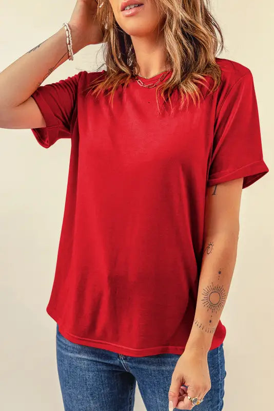 Red casual plain crew neck tee - tops