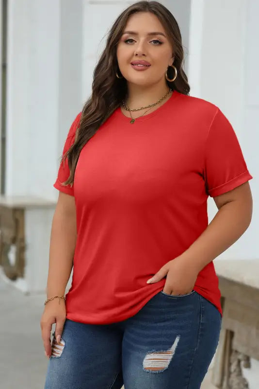 Red casual plain crew neck tee - tops