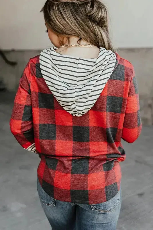 Red Christmas Plaid Drawstring Hoodie - Fashionfitz