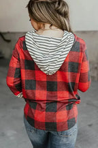 Red Christmas Plaid Drawstring Hoodie - Fashionfitz