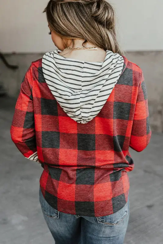 Red christmas plaid striped patchwork drawstring hoodie - sweatshirts & hoodies