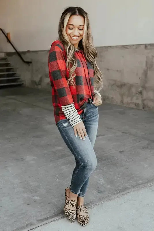 Red Christmas Plaid Drawstring Hoodie - Fashionfitz