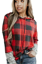 Red Christmas Plaid Drawstring Hoodie - Fashionfitz