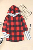 Red Christmas Plaid Drawstring Hoodie - Fashionfitz