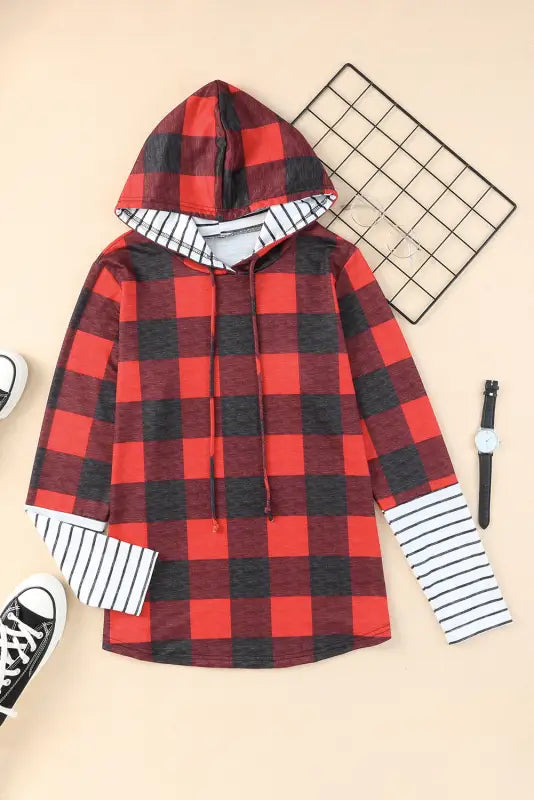 Red christmas plaid striped patchwork drawstring hoodie - sweatshirts & hoodies