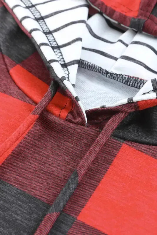 Red Christmas Plaid Drawstring Hoodie - Fashionfitz