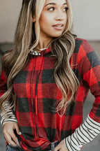 Red Christmas Plaid Drawstring Hoodie - Fashionfitz